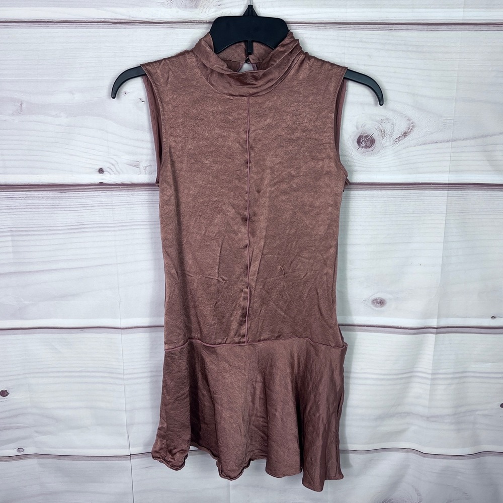 Rag & Bone Dress Womens 0 Brown Mock Neck Mini Sleeveless Solid Satin Short